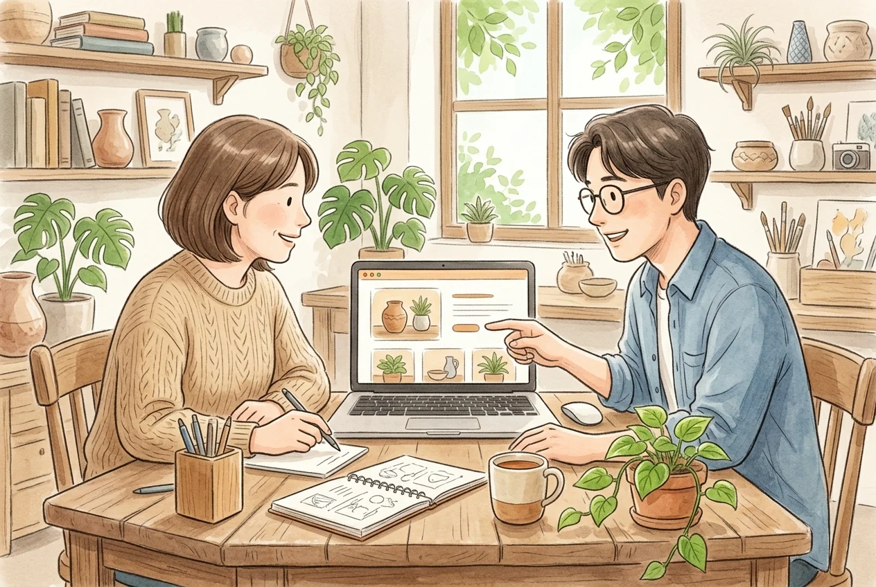 事業者と制作者がサイト制作について相談している場面
