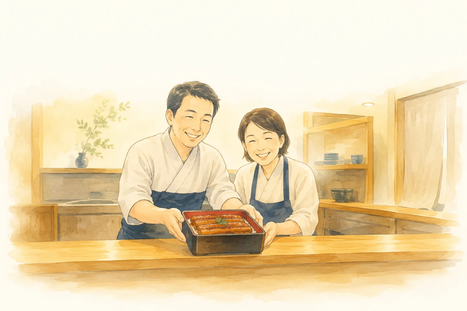 小さなうなぎ専門店で、夫婦が笑顔でうな重を提供する絵本風イラスト