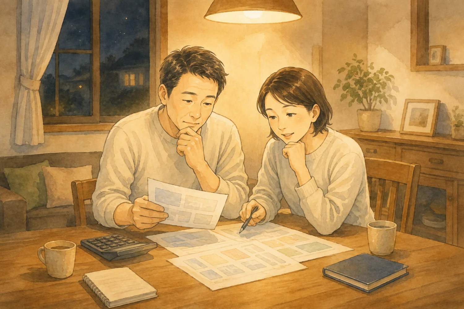 自宅で開業資金や将来の暮らしについて話し合う夫婦のイラスト