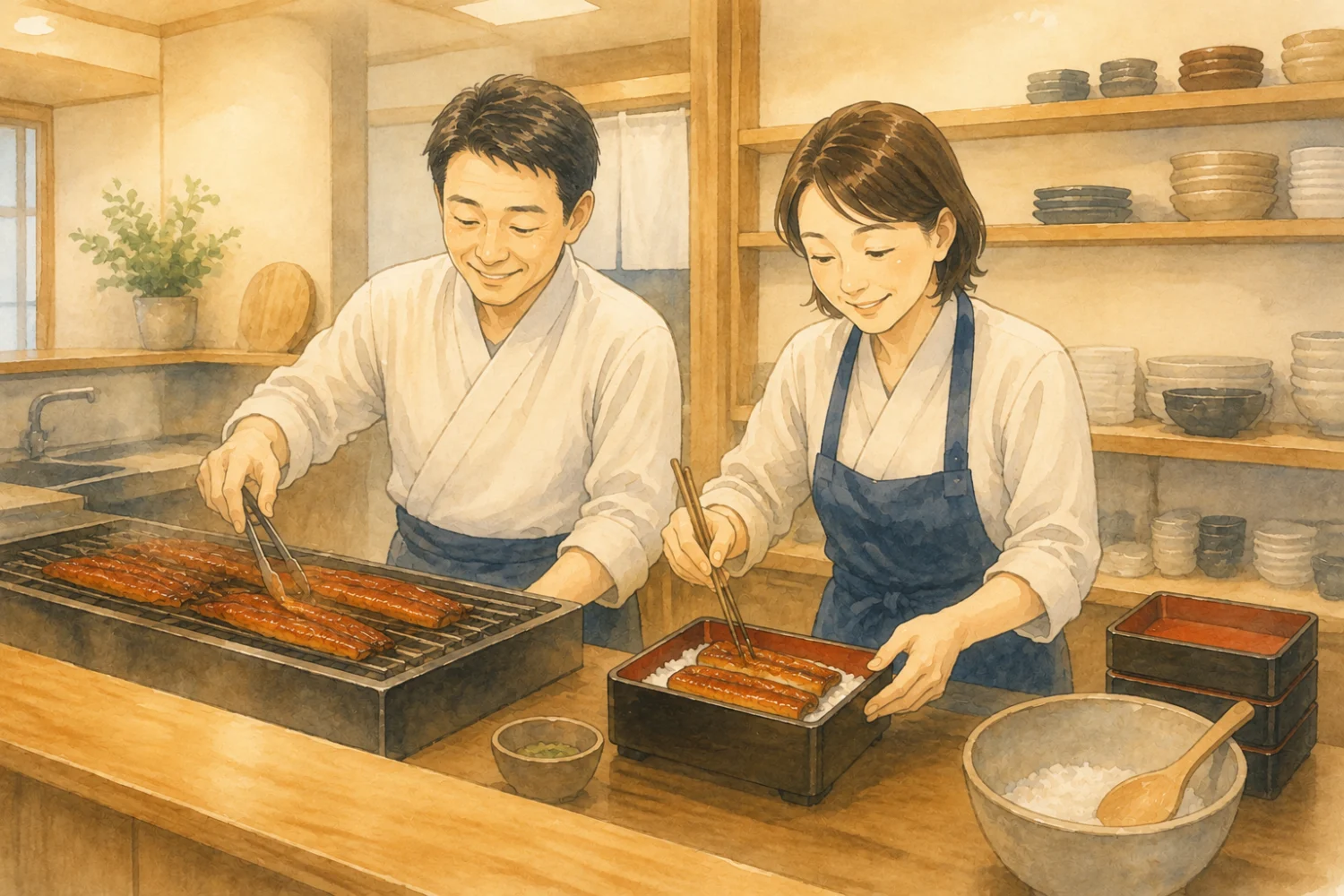 専用のうなぎ焼き器を使い、清潔な厨房で調理する夫婦のイラスト