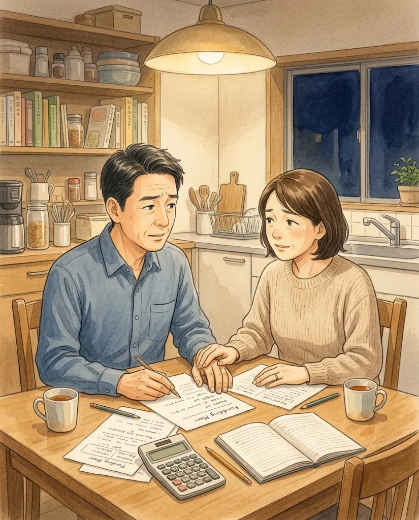 自宅で開業資金や将来の暮らしについて話し合う夫婦のイラスト