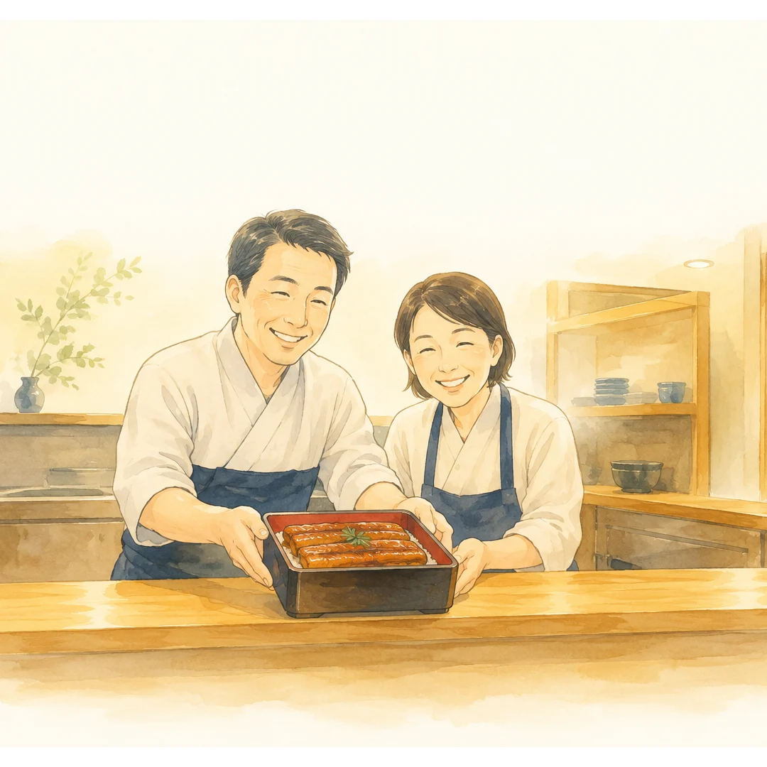 小さなうなぎ専門店で、夫婦が笑顔でうな重を提供する絵本風イラスト