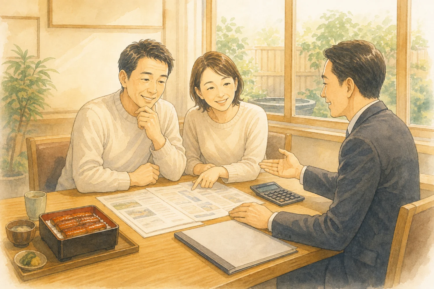 うな重を前に開業資料を見ながら相談する夫婦のイラスト