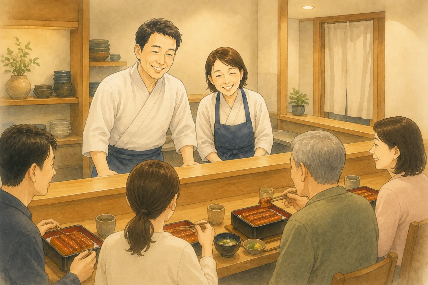 自分たちのうなぎ専門店でお客様を笑顔で迎える夫婦のイラスト